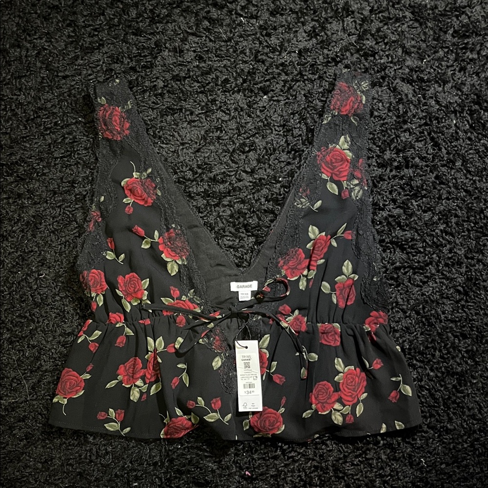 Garage Black and Red Floral Lace Top